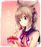  1girl bowl earmuffs food fruit light_brown_hair makuwauri sleeveless solo strawberry tongue tongue_out touhou toyosatomimi_no_miko upper_body yellow_eyes 