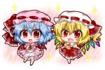  2girls :d bat_wings blonde_hair blue_hair chibi commentary flandre_scarlet mob_cap multiple_girls noai_nioshi open_mouth red_eyes remilia_scarlet side_ponytail smile sparkle touhou wings 