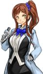  1girl blue_bow blush bow bowtie breasts brown_hair character_request copyright_request gloves green_eyes hand_on_hip holding large_breasts long_hair microphone ponytail sachito smile solo white_gloves 