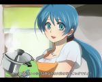  1girl :d ahoge apron aqua_eyes bangs blue_hair cardfight!!_vanguard cooking from_side happy holding indoors jewelry kano_ko letterboxed long_hair looking_at_viewer low_ponytail necklace open_mouth oven_mitts pendant ponytail pot scrunchie sendou_shizuka short_sleeves smile solo steam translation_request upper_body wingal 