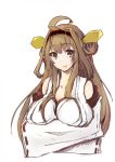  1girl ahoge bare_shoulders breast_hold brown_hair detached_sleeves double_bun hair_ornament hairband headgear japanese_clothes kantai_collection kongou_(kantai_collection) long_hair looking_at_viewer namo_(aqu_on) nontraditional_miko smile solo upper_body 