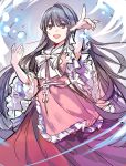  1girl black_hair bow colored frills houraisan_kaguya long_hair long_skirt long_sleeves looking_at_viewer open_mouth outstretched_arm pointing red_eyes ribbon shirt sketch skirt smile solo touhou wide_sleeves yunomachi 