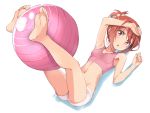  1girl armpits ball barefoot blush feet full_body legs_up looking_at_viewer lying michairu on_back red_eyes redhead simple_background soles solo toes white_background yuuki_yuuna yuuki_yuuna_wa_yuusha_de_aru 
