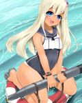  1girl blonde_hair blue_eyes crop_top flower hair_flower hair_ornament highres kantai_collection lifebuoy long_hair marl35 one-piece_tan ro-500_(kantai_collection) sailor_collar school_swimsuit swimsuit swimsuit_under_clothes tan tanline torpedo 