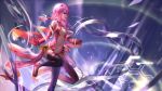  1girl bare_shoulders black_legwear breasts center_opening cleavage detached_sleeves elbow_gloves fingerless_gloves gloves guilty_crown hair_ornament hairclip highres long_hair looking_at_viewer navel open_mouth pink_hair red_eyes solo thigh-highs twintails wangchuan_de_quanyan yuzuriha_inori 