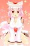  1girl animal_ears blush breasts cleavage collarbone detached_sleeves hat inubashiri_momiji kourindou_tengu_costume large_breasts looking_at_viewer marusan open_mouth red_eyes short_hair silver_hair sitting solo tail tokin_hat touhou wolf_ears wolf_tail 