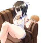  1girl bespectacled black_hair blue_eyes breasts cleavage couch croquette dungeon_ni_deai_wo_motomeru_no_wa_machigatteiru_darou_ka food glasses hair_ribbon hestia_(danmachi) highres legs long_hair looking_at_viewer nekobaka rei_no_himo ribbon sitting smile solo twintails 