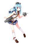 1girl :3 absurdres allenes bell blue_hair breasts cannon fubuki_(warship_girls_r) full_body hair_tussle hand_in_hair highres kneehighs knees_touching light_smile loafers long_hair looking_at_viewer mecha_musume microskirt midriff neckerchief pleated_skirt ribbon sailor_collar shoes simple_background sitting skirt small_breasts solo turret violet_eyes warship_girls warship_girls_r white_background white_legwear 