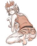  1girl barefoot fang hair_ornament highres kuro_suto_sukii looking_at_viewer looking_back paw_pose restricted_palette shirt skirt solo tiger_print toramaru_shou touhou vest 