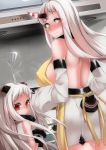  2girls absurdres apron bare_back blush breasts detached_sleeves highres horn horns kantai_collection kitchen looking_at_viewer looking_back luonawei mittens multiple_girls northern_ocean_hime pale_skin red_eyes seaport_hime shinkaisei-kan sideboob silver_hair smile spatula 
