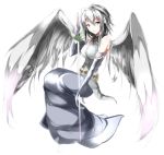  1girl bare_shoulders elbow_gloves engi_threepiece feathered_wings flower gloves grey_eyes hair_intakes highres long_skirt namuru open_mouth short_hair silver_hair simple_background skirt solo sword symbol-shaped_pupils weapon white_background white_wings wings yumekui_merry 