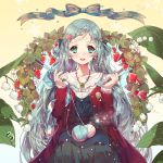  1girl aqua_eyes braid food food_themed_clothes fruit hatsune_miku jewelry long_hair looking_at_viewer miemia necklace open_mouth sitting solo strawberry very_long_hair vocaloid yarn 