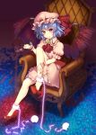  1girl alcohol bat_wings bent_knees bloomers blue_hair chain chair cuffs cup dress hat high_heels highres holding nail_polish no_socks raiou red_eyes remilia_scarlet shackles shoe_dangle short_hair sitting smile solo touhou underwear wine wine_glass wings wrist_cuffs 