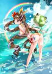  1girl absurdres ass barefoot bikini bracelet brown_eyes brown_hair chushengdao clouds flower frog hair_flower hair_ornament highres jewelry kaku-san-sei_million_arthur long_hair looking_back open_mouth rainbow red_flower sky solo swimsuit twintails very_long_hair wading water 