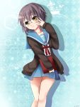  1girl book brown_eyes cardigan glasses grey_hair nagato_yuki nagato_yuki-chan_no_shoushitsu omoomomo school_uniform serafuku short_hair suzumiya_haruhi_no_shoushitsu suzumiya_haruhi_no_yuuutsu 