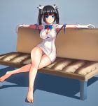  1girl absurdres arm_ribbon barefoot blue_eyes breasts cleavage couch dungeon_ni_deai_wo_motomeru_no_wa_machigatteiru_darou_ka gloves hestia_(danmachi) highres legs long_hair murimu outstretched_arms rei_no_himo sitting smile solo twintails white_gloves 