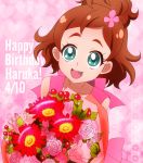  1girl aqua_eyes bouquet brown_hair character_name dated eyebrows flower go!_princess_precure half_updo happy_birthday haruno_haruka masako_(sabotage-mode) pink_background pink_rose precure rose short_hair smile solo thick_eyebrows 