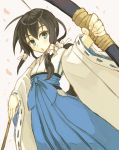  1girl arrow black_hair blue_eyes bow_(weapon) chestnut_mouth hair_ribbon hakama ichi_hachi_rei_rei japanese_clothes looking_at_viewer miko nontraditional_miko original payot petals ribbon simple_background solo weapon white_background 