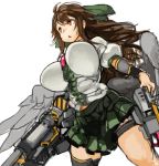  1girl adapted_costume arm_cannon bird_wings black_legwear bow breasts brown_hair feathered_wings green_bow green_skirt hair_bow huge_breasts long_hair miniskirt open_mouth pleated_skirt puffy_short_sleeves puffy_sleeves red_eyes reiuji_utsuho sachito short_sleeves simple_background single_thighhigh skirt solo thigh-highs thigh_strap third_eye touhou weapon white_background wings zettai_ryouiki 