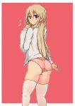  1girl ass back blonde_hair blue_eyes cherry_blossoms k-on! kotobuki_tsumugi long_hair looking_back naked_shirt panties pink_legwear pink_panties shirt solo thigh-highs thighs tyranu underwear white_border white_shirt 