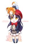  1girl animal_on_head animalization bird black_hair box character_name chibi dated dog dog_on_head gift gift_box hair_ribbon happy_birthday hat kousaka_honoka long_hair love_live!_school_idol_project minami_kotori minami_kotori_(bird) mouth_hold ng_(kimjae737) open_mouth orange_hair ribbon side_ponytail sonoda_umi stuffed_animal stuffed_toy teddy_bear yellow_eyes 