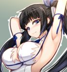  1girl arm_ribbon arms_up black_hair blue_eyes blush breasts cleavage cleavage_cutout dress dungeon_ni_deai_wo_motomeru_no_wa_machigatteiru_darou_ka gloves hestia_(danmachi) large_breasts long_hair looking_at_viewer migumigu rei_no_himo smile solo twintails white_dress white_gloves 