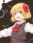  1girl :d akagashi_hagane black_skirt blonde_hair bow character_name fang hair_bow open_mouth outstretched_arms red_eyes rumia shirt short_hair skirt smile spread_arms touhou vest 