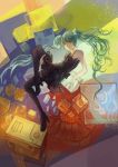  1girl abstract_background afra alternate_costume aqua_hair bare_shoulders black_dress black_legwear bow cube dress hatsune_miku long_hair looking_at_viewer solo spaghetti_strap thigh-highs twintails vocaloid 