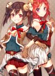  2girls alternate_costume bell black_hair black_legwear blush brown_gloves clenched_teeth gloves hair_ornament horns looking_at_viewer love_live!_school_idol_project multiple_girls nishikino_maki red_eyes redhead sheep_horns short_hair skirt smile thigh-highs twintails tyokoa4649 violet_eyes yazawa_nico 