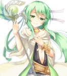  1girl caam_serenity_of_gusto collar collarbone duel_monster green_eyes green_hair hand_on_own_chest highres jewelry long_hair looking_at_viewer midriff navel ponytail robe shintani_tsushiya simple_background smile solo staff white_background yuu-gi-ou 