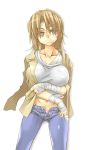  bandaged_arm bandaged_fingers bandages bandaid bandaid_on_face breasts denim ga_geijutsuka_art_design_class hair_down jacket jacket_on_shoulders jeans large_breasts light_brown_eyes light_brown_hair looking_at_viewer midriff nozaki_namiko open_pants panties pants shirt underwear wanabeee white_background white_shirt 