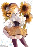  1girl black_legwear blonde_hair blurry chromatic_aberration copyright_name depth_of_field drill_hair fingerless_gloves flower from_behind gloves hair_ornament hat highres long_hair looking_at_viewer magical_girl mahou_shoujo_madoka_magica mano-k skirt solo star starry_background sunflower thigh-highs tomoe_mami twin_drills watermark web_address yellow_eyes 