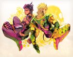  2boys blonde_hair dio_brando feathers fingerless_gloves gloves hair_feathers hair_ornament jojo_no_kimyou_na_bouken jonathan_joestar multiple_boys oburaato purple_hair skull star vines 