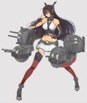  1girl ankle_boots bare_shoulders black_gloves black_hair boots fighting_stance fingerless_gloves full_body gloves grey_background grey_boots headgear highres kantai_collection long_hair machinery midriff nagato_(kantai_collection) navel pleated_skirt red_eyes red_legwear saikun2013 simple_background skirt solo thigh-highs white_skirt 
