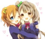  2girls :d bangs blunt_bangs blush bow clenched_hands couple grey_hair hair_bow hands_on_own_cheeks hands_on_own_face heart hug kaonema kousaka_honoka love_live!_school_idol_project minami_kotori multiple_girls one_eye_closed one_side_up open_mouth orange_hair school_uniform simple_background smile white_background yuri 