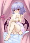  bat_wings bed blue_hair blush camisole covering_mouth garter_straps hat hat_removed headwear_removed highres no_pants panties red_eyes remilia_scarlet short_hair sitting strap_slip thigh-highs touhou underwear wings 