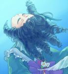  1girl animal_ears blue_hair closed_eyes drill_hair flower head_fins head_tilt iris_anemone japanese_clothes kimono mermaid monster_girl obi sash short_hair smile solo touhou underwater wakasagihime 