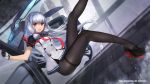  1girl black_gloves black_legwear dress gloves highres kantai_collection long_hair machinery mecha_musume murakumo_(kantai_collection) no_pants orange_eyes pantyhose remodel_(kantai_collection) sailor_dress short_dress silbia_coll silver_hair smile solo swd3e2 thighband_pantyhose very_long_hair 