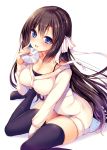  1girl ayuma_sayori black_legwear blue_eyes blush breasts brown_hair cardigan compact_disc hair_ribbon holding long_hair open_mouth original ribbon simple_background sitting smile solo thigh-highs wariza 