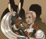  1boy 1girl animal_ears balflear balusah blonde_hair blue_eyes copyright_name dark_skin final_fantasy final_fantasy_xii fran helmet long_hair rabbit_ears red_eyes short_hair upper_body viera white_hair 