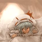  1girl curiosities_of_lotus_asia curtains expressionless hat hat_ribbon hawthorn highres lips long_sleeves looking_at_viewer lying on_bed on_stomach pillow red_eyes remilia_scarlet ribbon ribbon-trimmed_headwear ribbon_trim short_hair silver_hair solo touhou window 