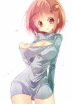  1girl breasts cleavage looking_at_viewer naked_sweater open-chest_sweater original pink_eyes pink_hair ren_(ren-ai) ribbed_sweater short_hair smile solo sweater white_background 