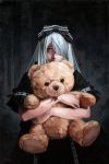  1girl black_background black_dress blue_hair bow brown_eyes dress frills gothic_lolita hair_bow hair_over_one_eye highres holding hug imai_takahiro lolita_fashion long_hair oil_painting_(medium) original pale_skin realistic short_sleeves signature solo stuffed_animal stuffed_toy teddy_bear 