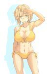  1girl abs bikini breasts front-tie_bikini front-tie_top ga_geijutsuka_art_design_class hand_over_face large_breasts light_brown_eyes light_brown_hair nozaki_namiko shadow side-tie_bottom solo standing swimsuit wanabeee white_background yellow_bikini 