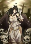  1girl albedo black_hair black_wings breasts demon_girl demon_horns demon_wings horns large_breasts long_hair looking_at_viewer overlord_(maruyama) skull smile swilyring wings yellow_eyes 