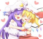  2girls :d ^_^ blonde_hair closed_eyes crescent_moon fang flandre_scarlet heart hug long_hair long_sleeves mob_cap mokana_natsumi moon multiple_girls open_mouth patchouli_knowledge purple_hair short_hair short_sleeves smile touhou 