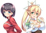  1girl black_hair blonde_hair blue_eyes braid dual_persona female green_eyes iroha_(unyun) kirigaya_suguha leafa long_hair pointy_ears ponytail short_hair sword_art_online twin_braids 