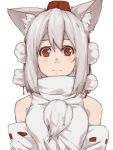  1girl albino animal_ears bare_shoulders detached_sleeves hat inubashiri_momiji long_sleeves looking_at_viewer pom_pom_(clothes) red_eyes shirt short_hair simple_background solo string terimayo tokin_hat touhou turtleneck upper_body white_background white_hair wolf_ears 
