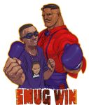 2boys alternate_color bowtie boxing_gloves dark_skin dudley facial_hair highres lanyard multiple_boys mustache purple_clothes real_life riley_freeman smug_(gamer) street_fighter sunglasses the_boondocks 