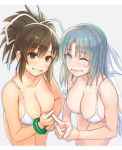  2girls and asuka_(senran_kagura) bare_shoulders bikini bow bracelet breasts brown_eyes brown_hair grin hair_bow jewelry large_breasts multiple_girls senran_kagura senran_kagura_(series) short_hair smile swimsuit white_bikini white_swimsuit wink yumi_(senran_kagura) 